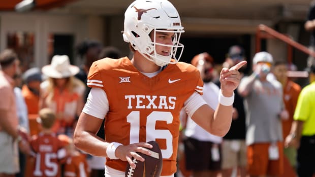 Sep 30, 2023; Austin, Texas, USA; Texas Longhorns quarterback Arch Manning (16) warms up before the game against the Kansas Jayhawks at Darrell K Royal-Texas Memorial Stadium. Mandatory Credit: Scott Wachter-USA TODAY Sports  